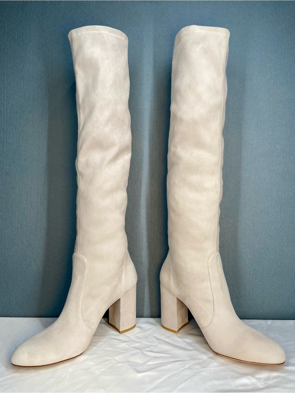 Stuart Weitzman Cream Knee-High Block Heel Boots